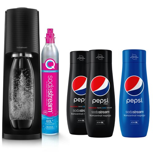 Saturator SODASTREAM Terra Czarny + 2 x Syrop SODASTREAM Pepsi Max Zero 440 ml bez cukru + Syrop SODASTREAM Pepsi 440 ml